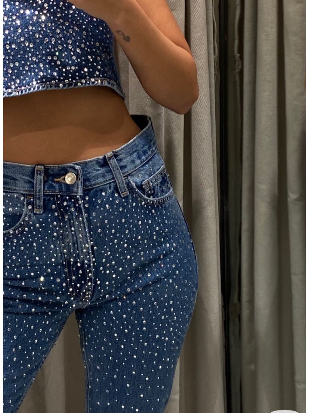 BNWT Zara Blue Denim Rhinestone Crop Top and jeans Set 6 medium